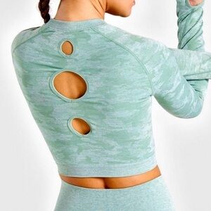 GYMSHARK Adapt Camo Sage Green Long Sleeve Crop Top Active Sports Women’s S